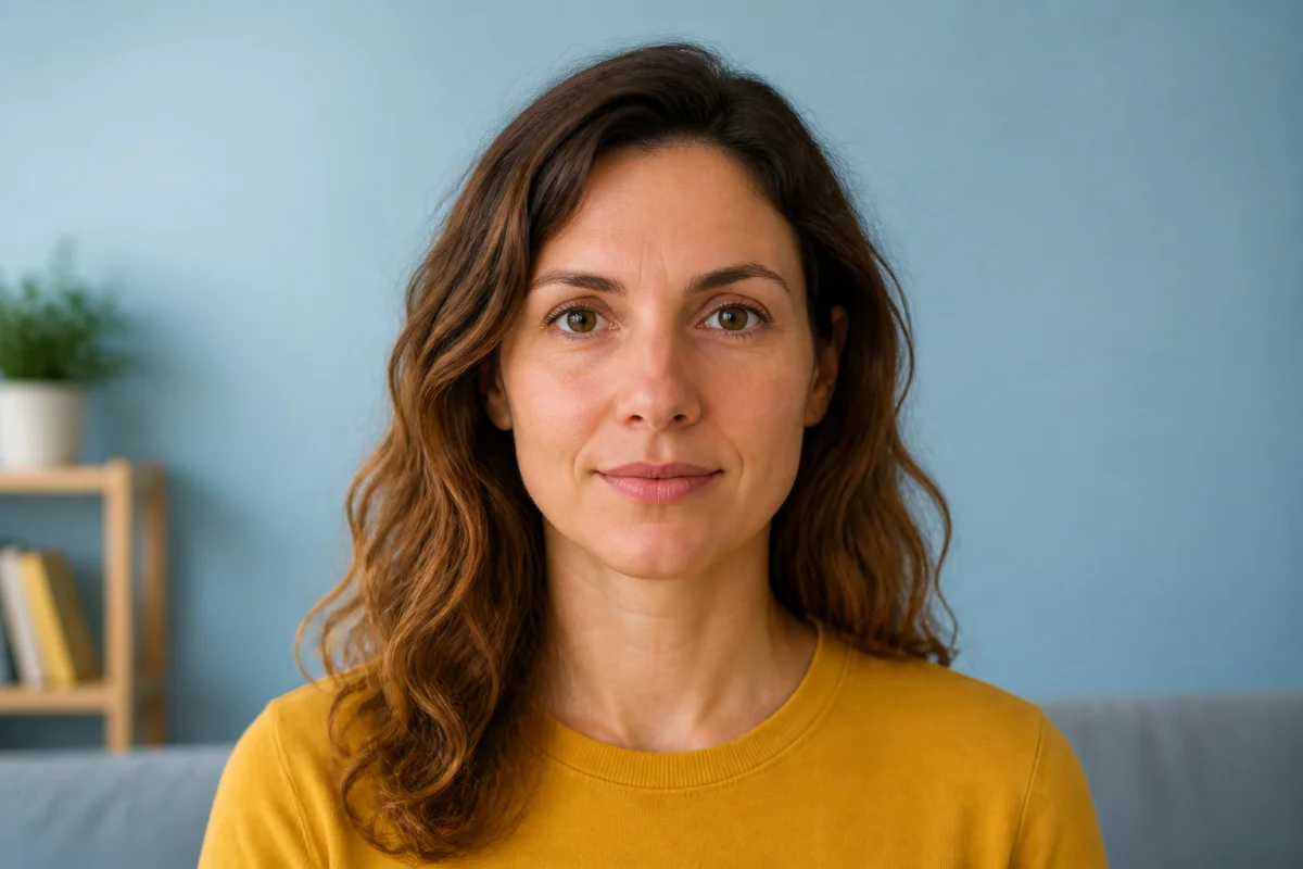 Portrait frontal d’une personne souriante en intérieur, idéal pour apprendre comment faire chanter une photo avec l’IA