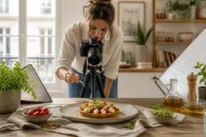 Photographe culinaire professionnelle stylisant une assiette gastronomique dans un atelier lumineux à Paris