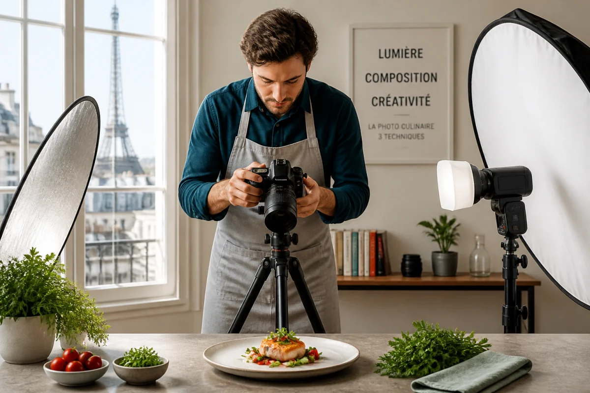 Photographe en formation à Paris réglant son appareil devant un plat gastronomique dans un atelier lumineux