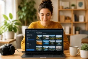 Femme transférant des photos depuis un appareil numérique vers son ordinateur portable dans un bureau lumineux et moderne.