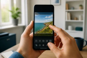 Personne recadrant et modifiant une photo sur smartphone avant de l’envoyer via WhatsApp Android