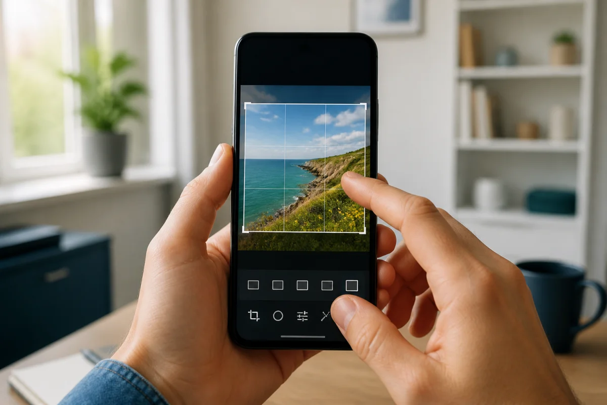 Personne recadrant et modifiant une photo sur smartphone avant de l’envoyer via WhatsApp Android