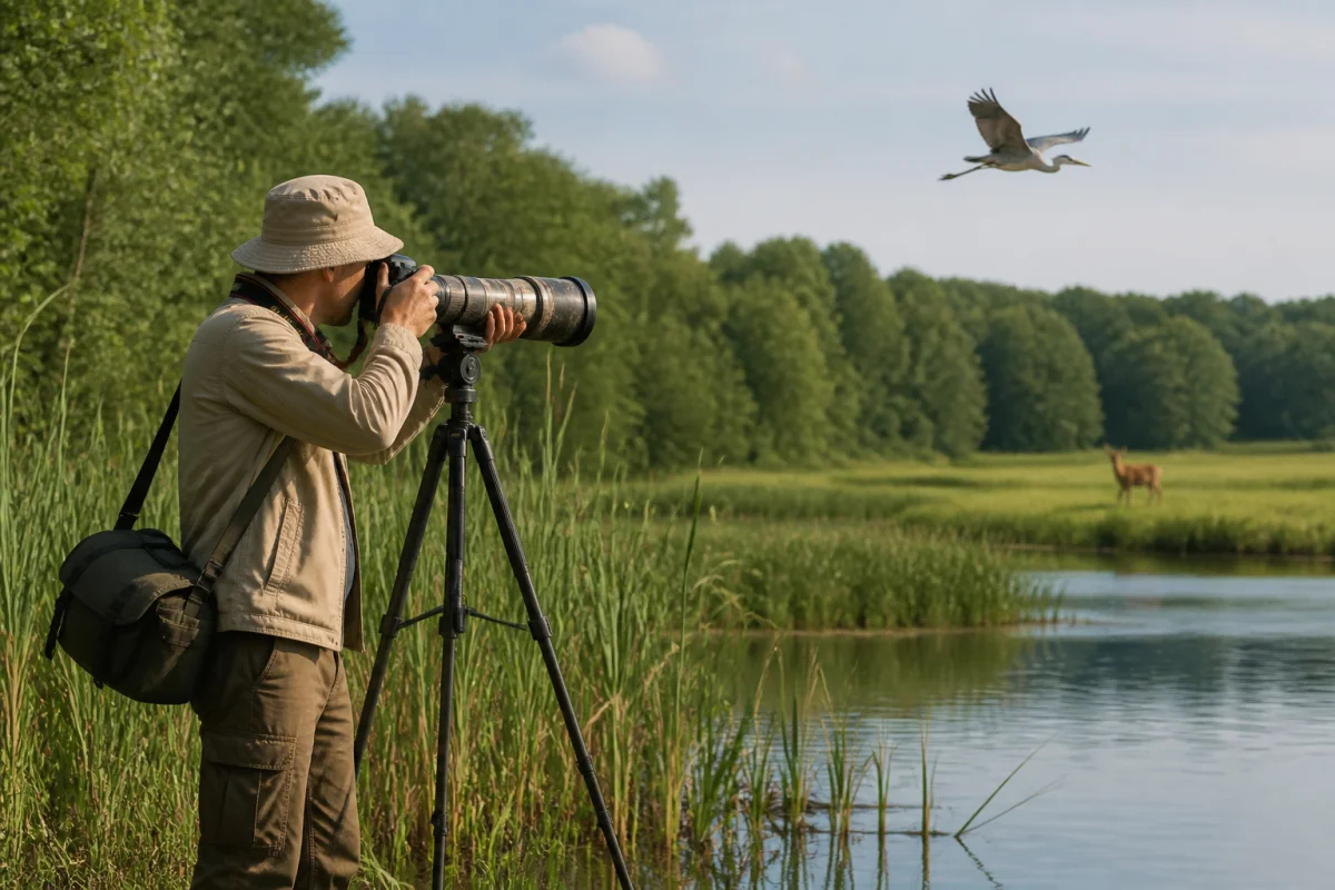 Photographe animalier avec téléobjectif observant un héron en vol et un chevreuil dans une zone humide sauvage