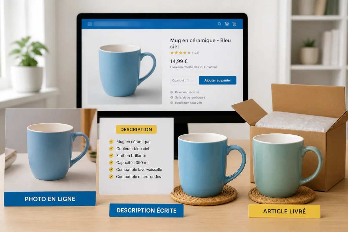 Comparaison entre photo en ligne, description produit et article livré présentant de légères différences visuelles