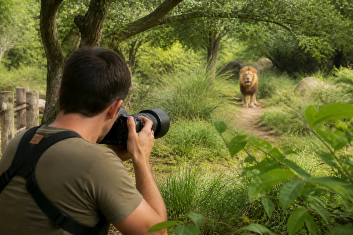 Photographe animalier utilisant un long téléobjectif pour observer un animal sauvage dans un parc verdoyant