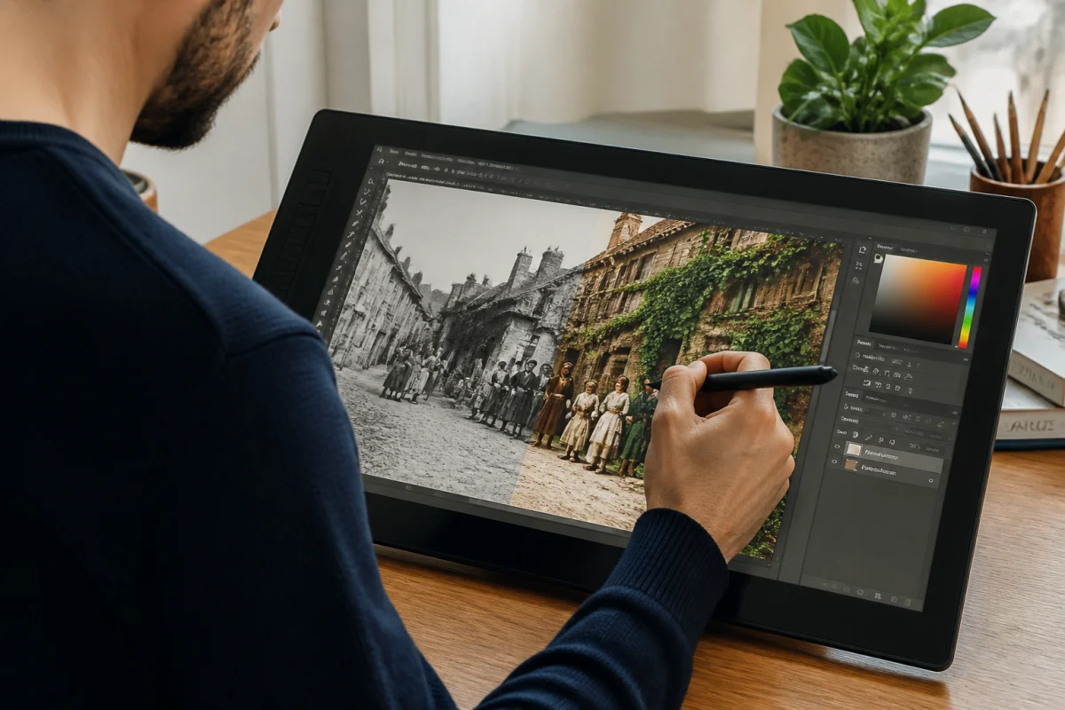 Mains expertes utilisant une tablette graphique pour coloriser et restaurer une vieille photo sur un bureau moderne.