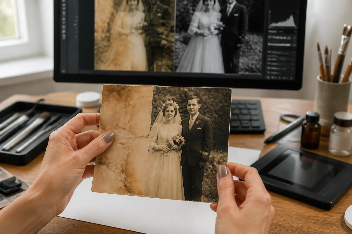 Mains manipulant délicatement une ancienne photo jaunie pour expliquer comment restaurer une vieille photo dans un atelier.