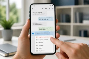 Smartphone affichant une conversation de messagerie, avec un message sélectionné et l’option « Supprimer pour tout le monde » visible.