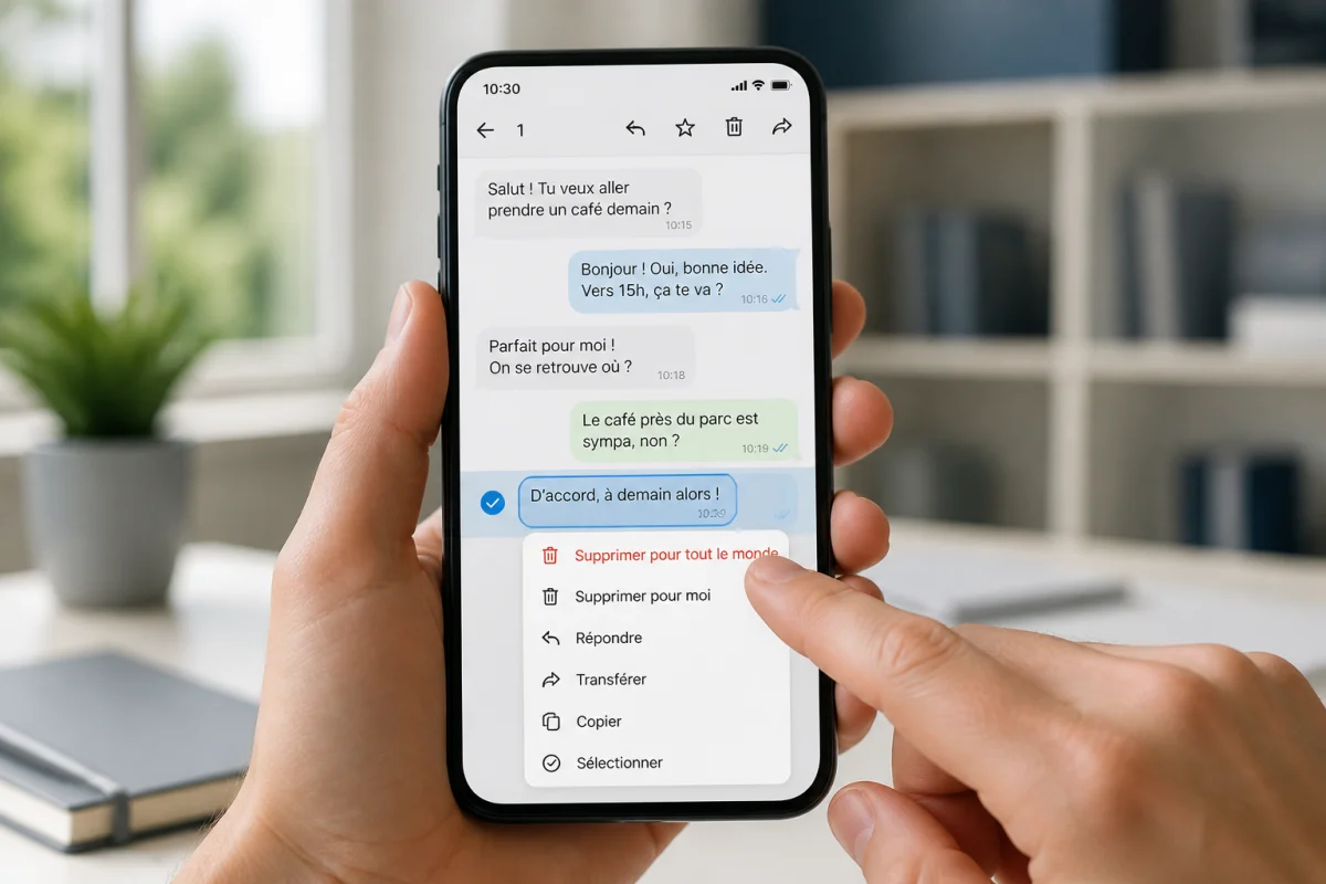 Smartphone affichant une conversation de messagerie, avec un message sélectionné et l’option « Supprimer pour tout le monde » visible.