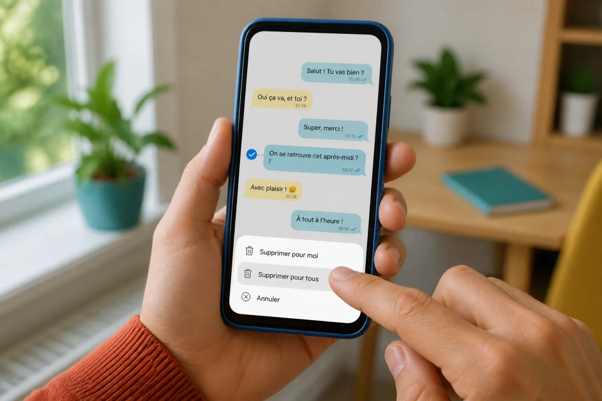 Main sélectionnant un message sur smartphone avec l’option de suppression pour tous les participants affichée