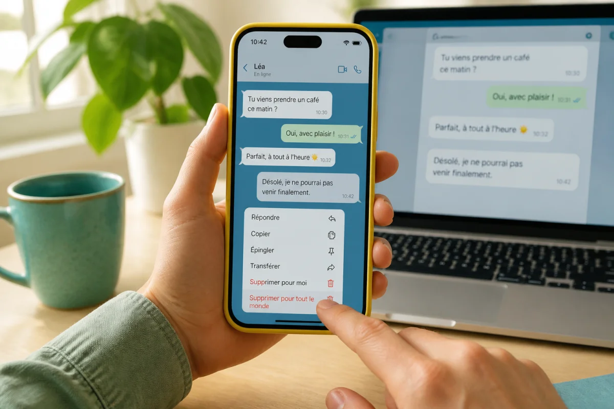 Main appuyant sur un message WhatsApp, avec l’option « Supprimer pour tout le monde » affichée sur l’écran.