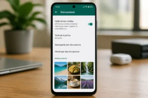 Réglages WhatsApp affichant la visibilité des médias activée pour transférer des photos dans la galerie du smartphone