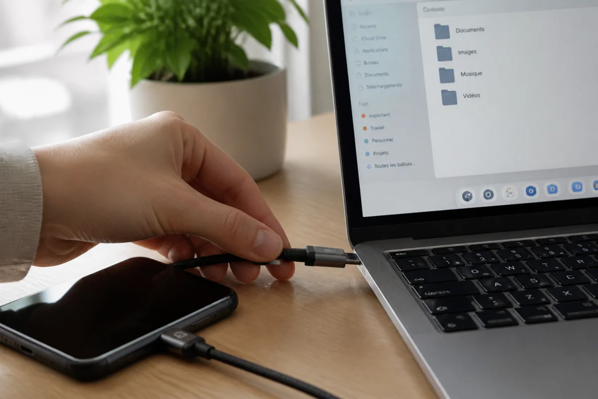 Mains connectant un câble USB entre un iPhone et un ordinateur portable pour un transfert gratuit de photos.