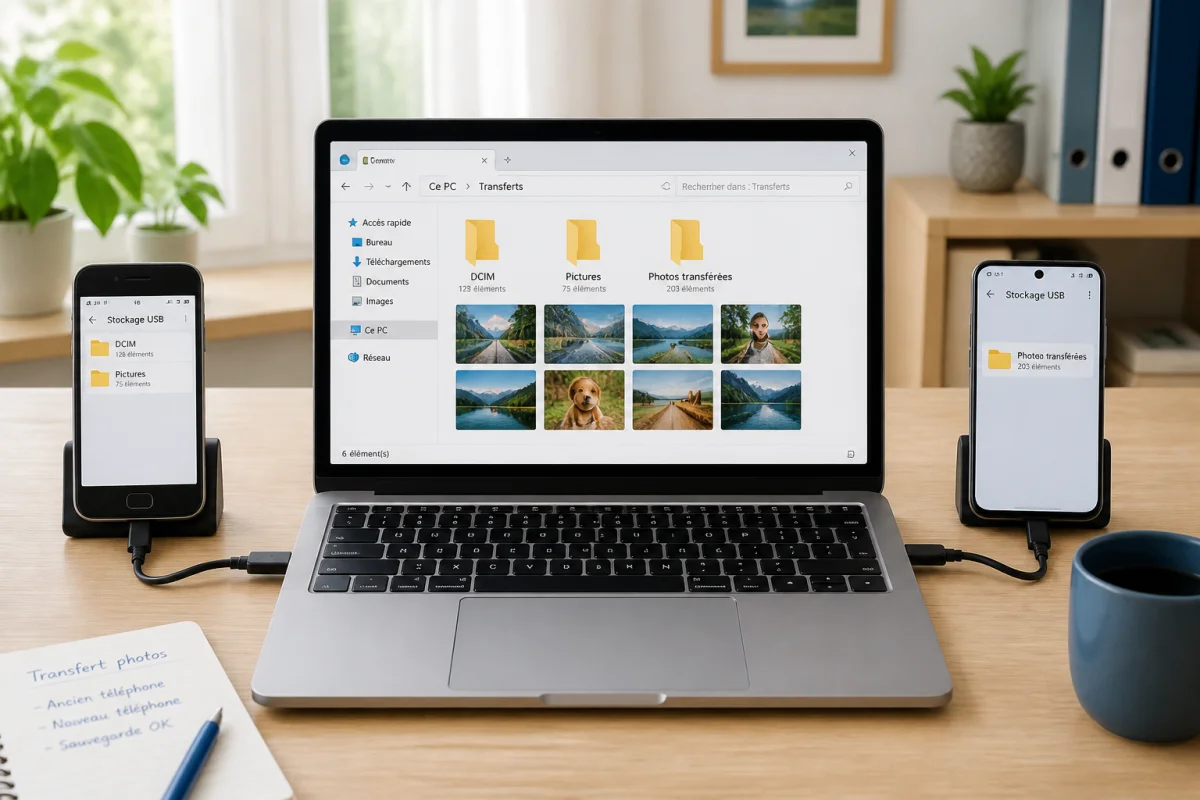 Transfert de photos d’un ancien téléphone vers un nouveau via un ordinateur portable et des câbles USB