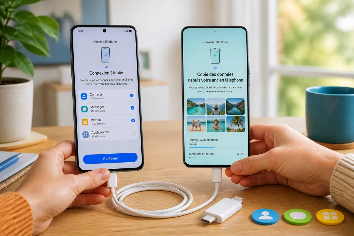 Transfert de photos d’un téléphone à un autre avec deux smartphones reliés par câble USB-C