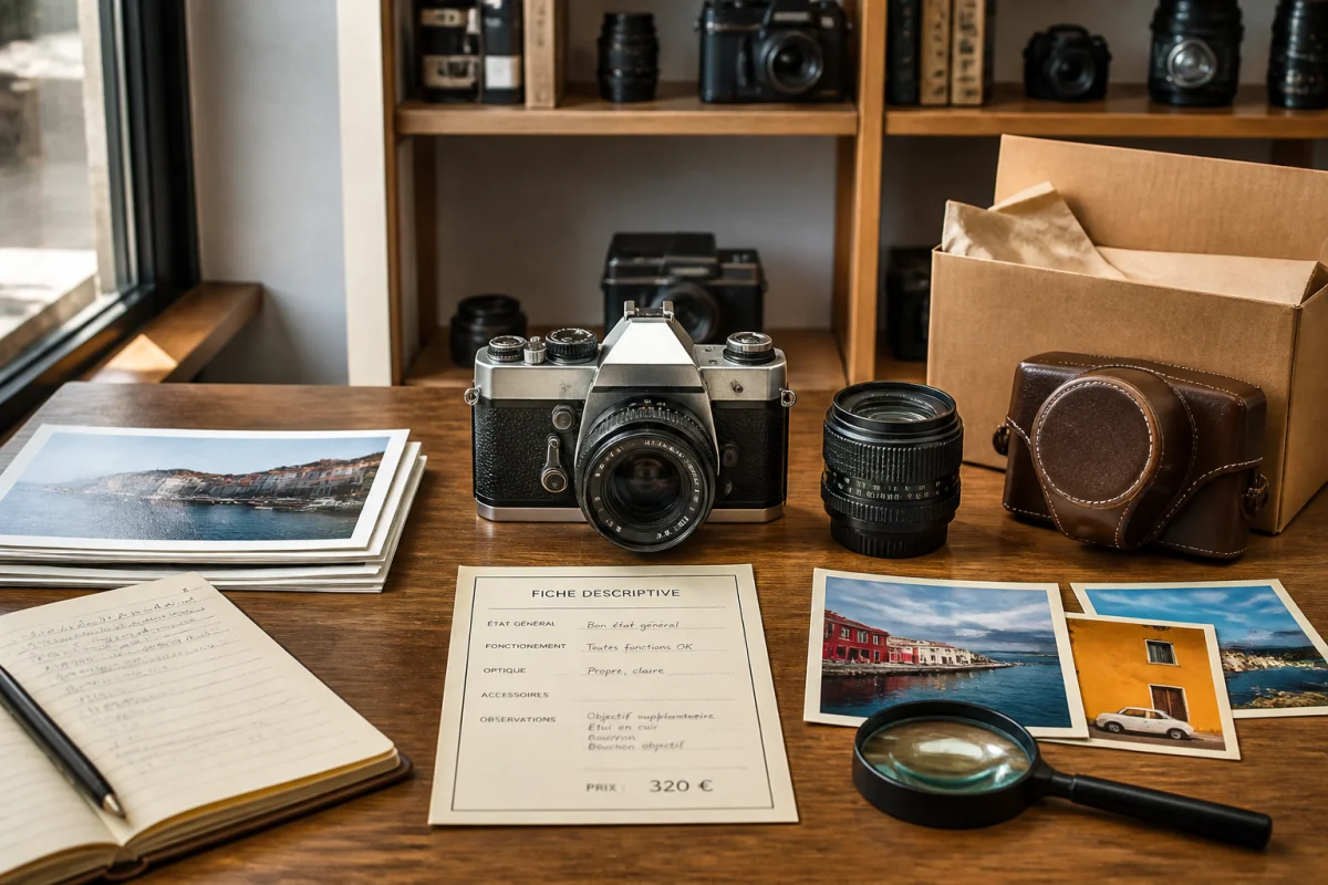 Appareil photo argentique ancien avec accessoires, photographies et dossier de vente préparé sur une table éclairée