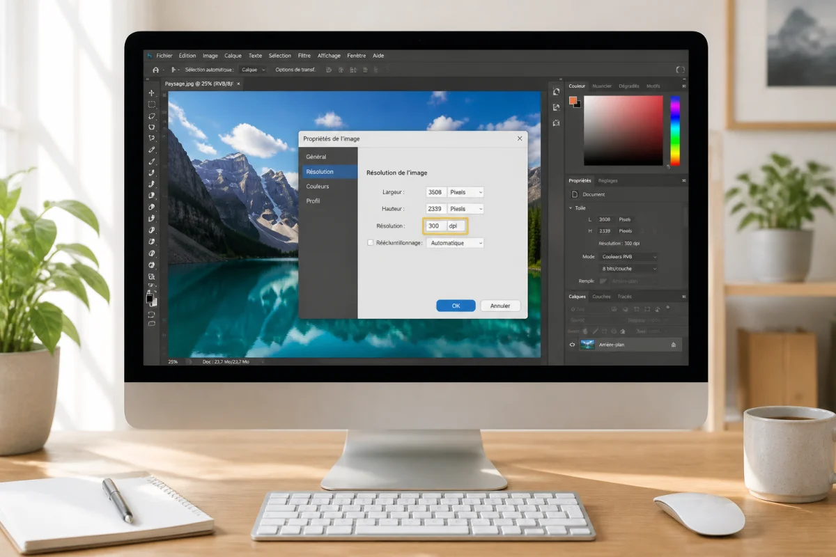 Écran d’ordinateur affichant une fenêtre de propriétés confirmant une résolution photo de 300 dpi sur un bureau lumineux