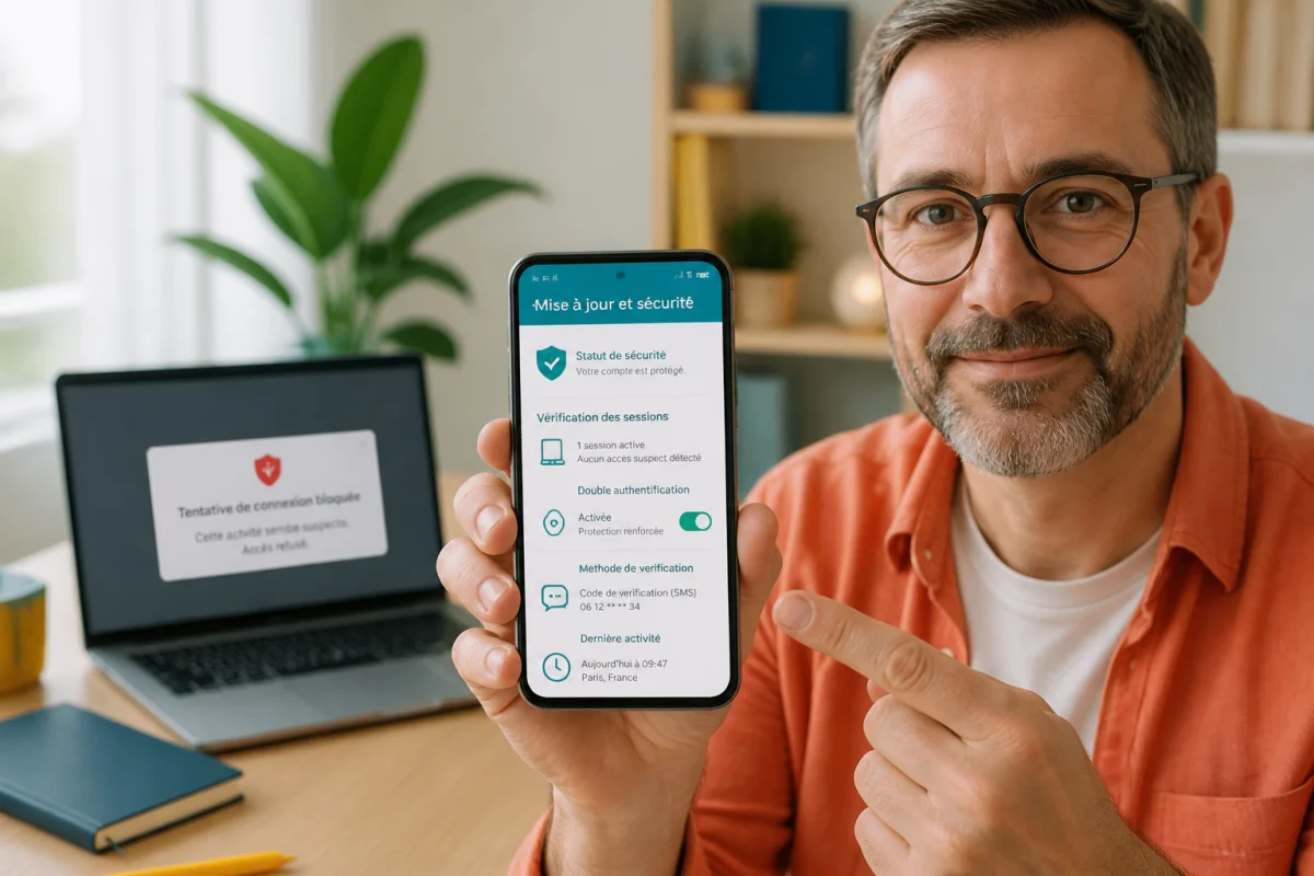 Actualité smartphone et sécurité : adulte activant les mises à jour et la double authentification sur son téléphone.
