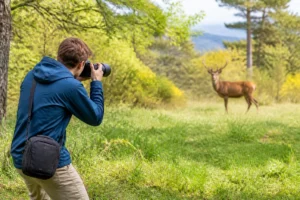 Photographe débutant utilisant un appareil photo animalier avec téléobjectif pour observer un cerf dans une clairière boisée