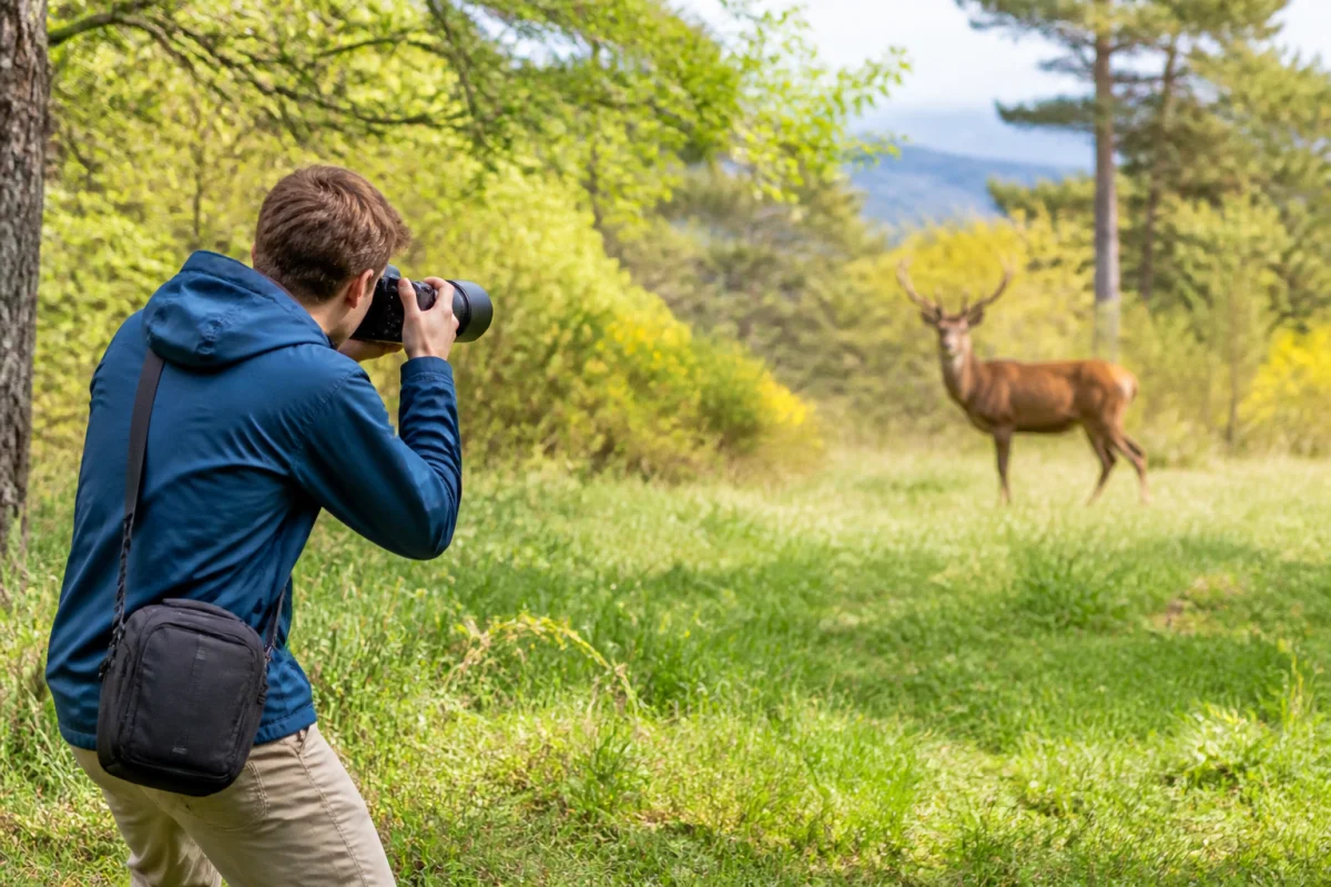 Photographe débutant utilisant un appareil photo animalier avec téléobjectif pour observer un cerf dans une clairière boisée