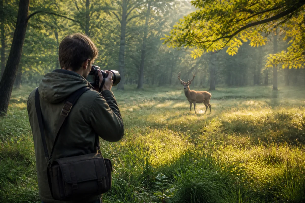 Photographe débutant observant un cerf avec un appareil photo animalier équipé d’un téléobjectif en forêt au lever du jour