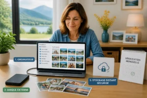 Personne appliquant des astuces pour bien organiser ses fichiers photo avec sauvegardes sur ordinateur, disque externe et cloud sécurisé.