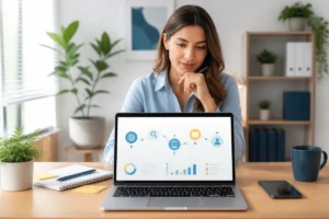 Professionnel analysant un audit de présence en ligne sur ordinateur portable, avec étapes numériques et graphiques abstraits connectés