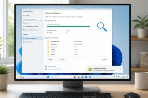 Paramètres d’indexation de Windows 11 affichés sur un écran, avec barre de recherche et dossiers analysés.