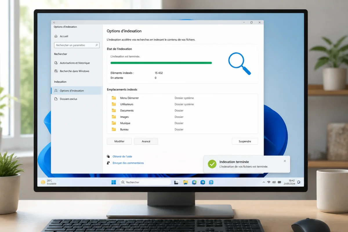 Paramètres d’indexation de Windows 11 affichés sur un écran, avec barre de recherche et dossiers analysés.