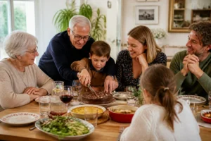 Famille réunie autour d’un déjeuner, partageant un gâteau dans une scène spontanée et chaleureuse entre générations