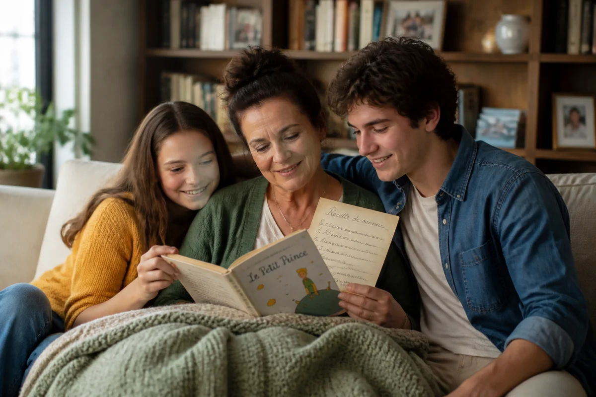 Famille réunie autour d’un livre d’enfant et d’une recette manuscrite pour capturer les moments en famille