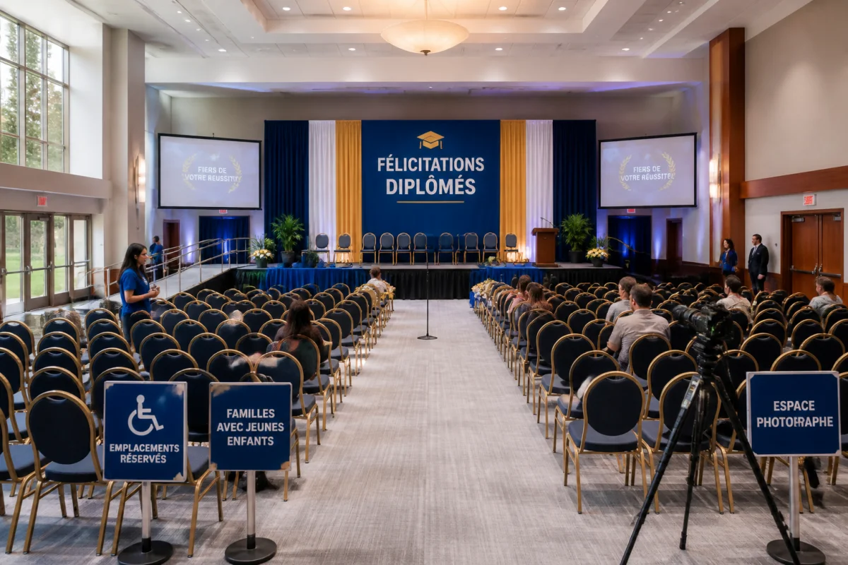 Salle de remise de diplômes organisée avec scène, sièges, allée centrale, rampe d’accès et espace photographe