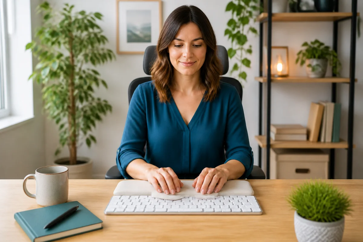 Personne adoptant une posture saine sur un clavier ergonomique au bureau, poignets alignés et épaules détendues