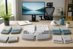 Clavier ergonomique divisé au centre d’un bureau, entouré de variantes adaptées à différents usages professionnels