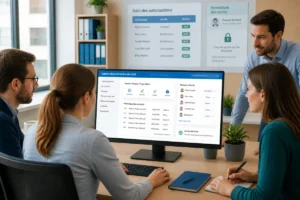 Équipe collaborant sur un espace documentaire numérique sécurisé pour réussir la dématérialisation des documents d’entreprise