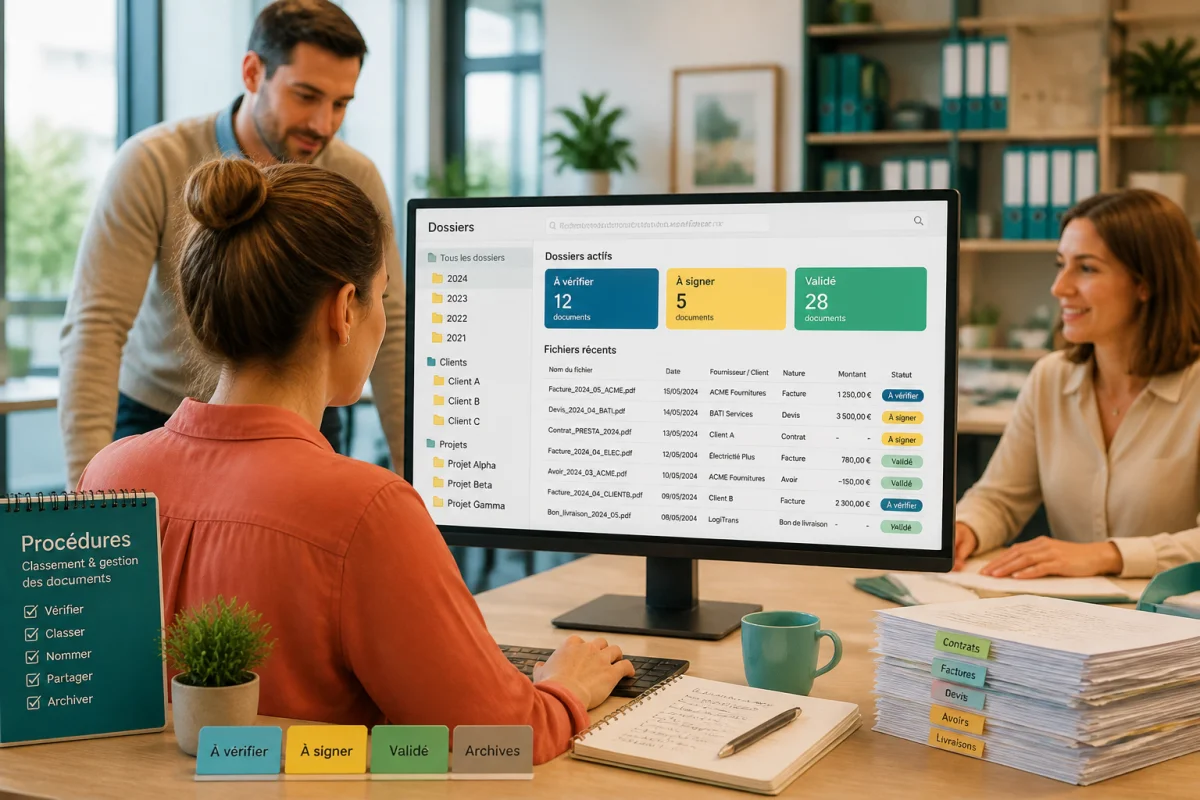 Équipe organisant la dématérialisation des documents d’entreprise sur une plateforme numérique collaborative partagée