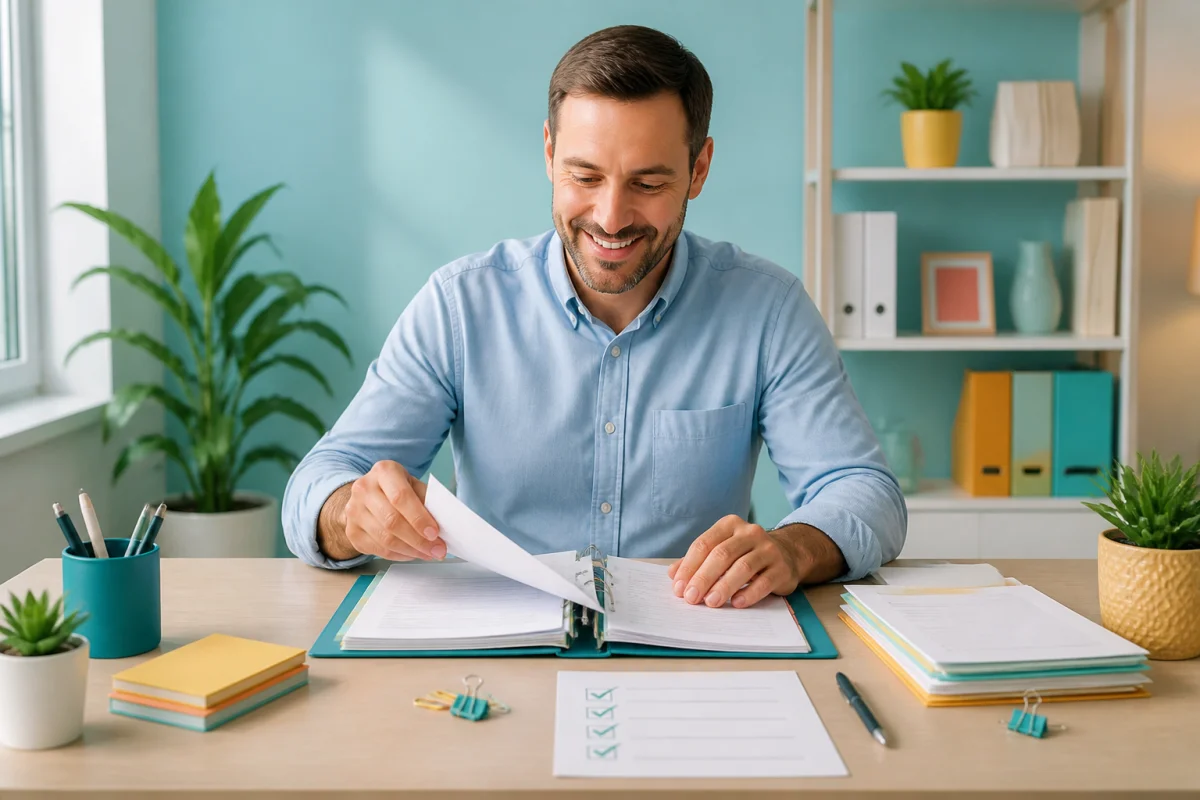Entrepreneur organisant des formalités administratives pour créer son entreprise dans un dossier avec checklist cochée