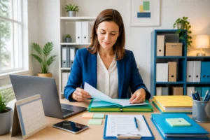 Entrepreneur organisant méthodiquement les formalités administratives pour créer son entreprise, avec dossiers classés et ordinateur portable.