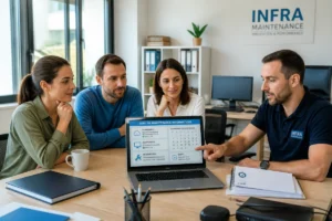 Équipe de petite entreprise échangeant avec un technicien informatique autour d’un suivi de maintenance sur ordinateur portable