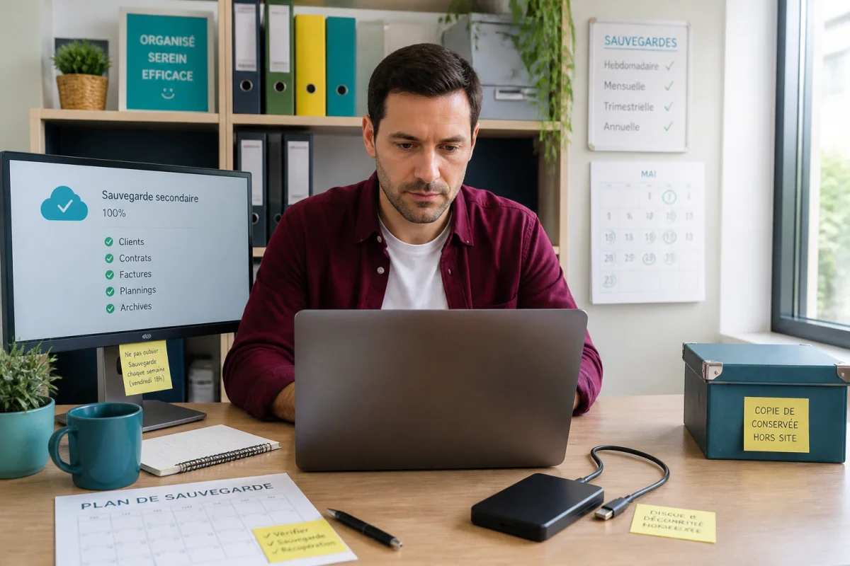 Responsable de petite entreprise vérifiant la restauration de fichiers et ses sauvegardes sur plusieurs supports informatiques