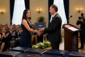 Remise de diplôme lors d’une cérémonie organisée, sous le regard ému des familles dans une salle élégamment décorée