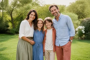 Famille de quatre personnes souriante dans un jardin lumineux, idéale pour préparer une séance photo de famille sereine