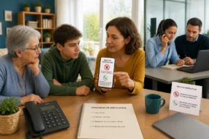 Famille et collègues vérifient ensemble une consigne de sécurité pour reconnaître un appel frauduleux sans communiquer de codes.