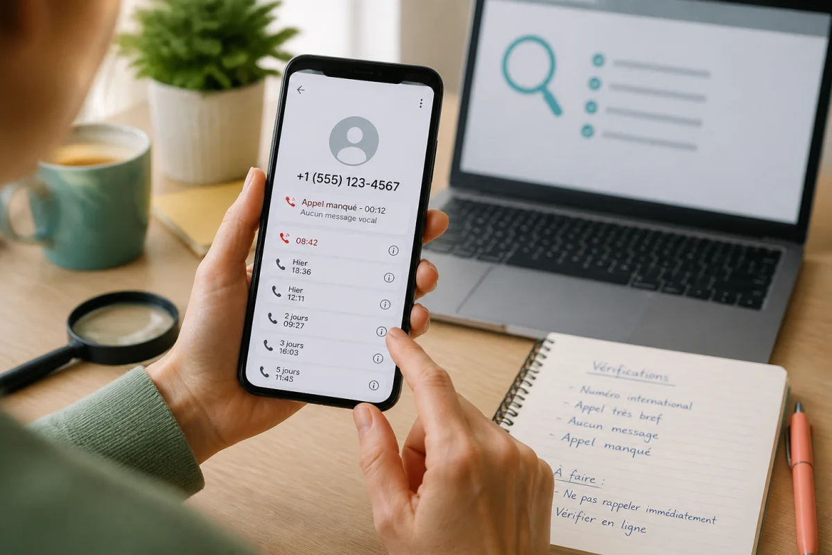 Personne vérifiant prudemment un appel inconnu sur smartphone pour reconnaître un appel frauduleux