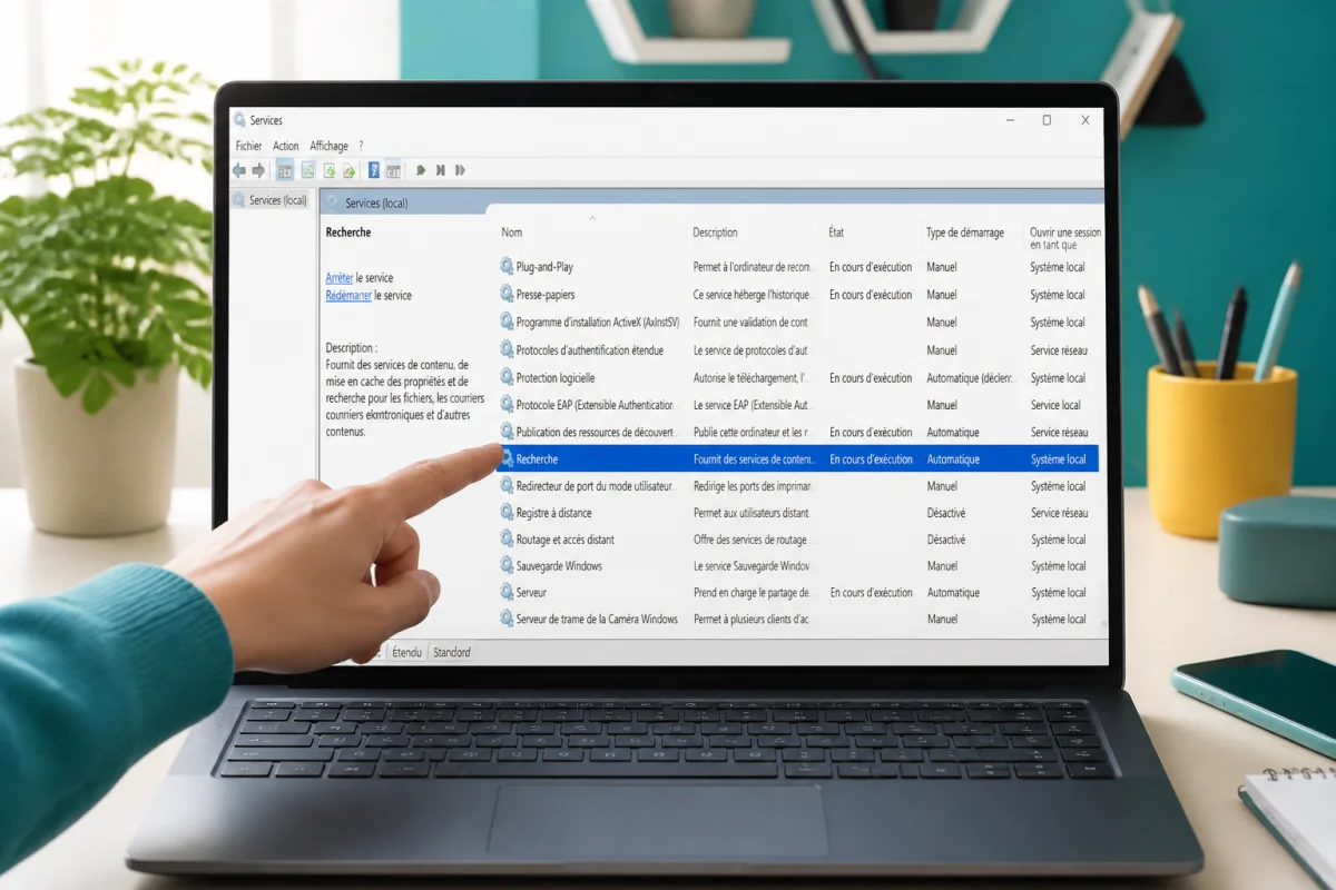 Ordinateur portable affichant le service de recherche Windows 11 actif dans le panneau de gestion des services système