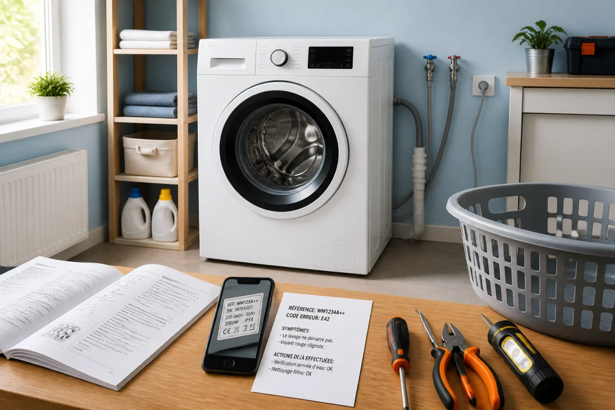 Lave-linge prêt à être diagnostiqué avec manuel, étiquette signalétique, outils et raccordements visibles avant un événement familial