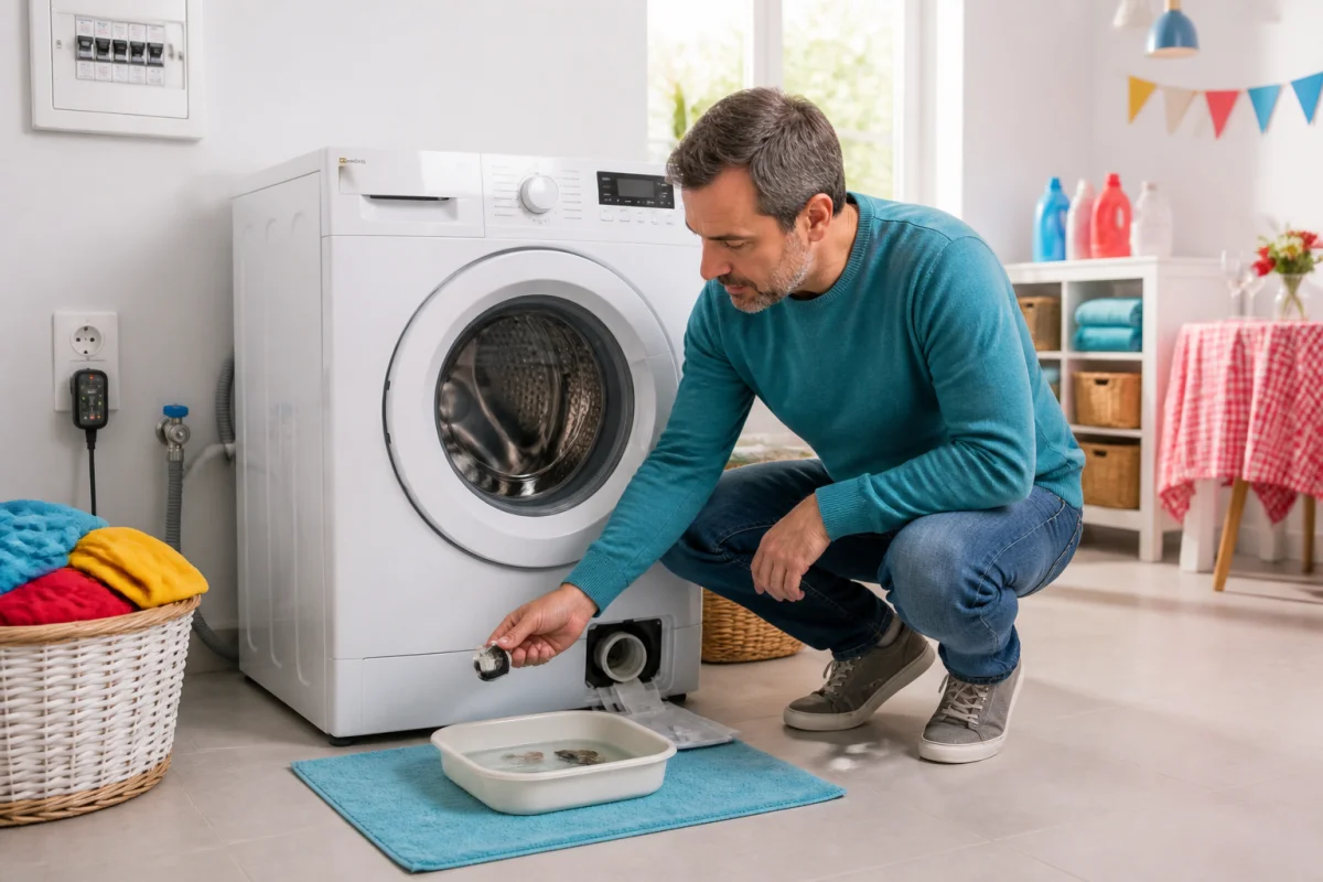 Réparer son lave-linge avant un événement familial en vérifiant prudemment le filtre de vidange débranché