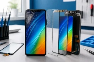 Smartphone à écran fissuré en coupe sur établi, illustrant comment réparer un smartphone écran cassé
