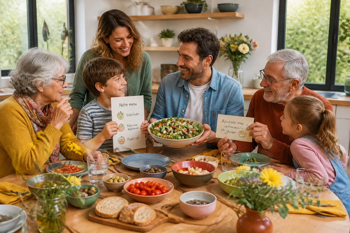 Famille intergénérationnelle choisissant ensemble un menu varié pour un repas en famille le week-end sans stress
