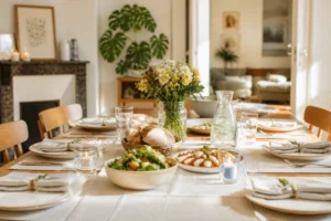 Table familiale chaleureusement dressée pour un repas en famille le week-end, avec plats simples, fleurs fraîches et lumière naturelle